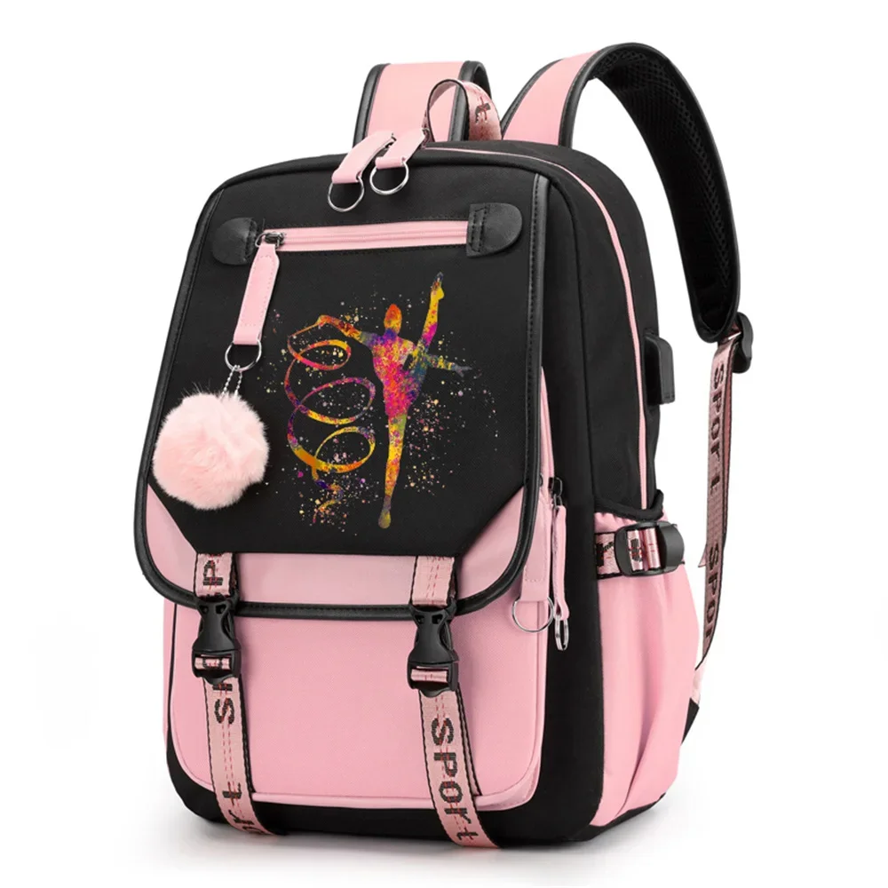 Watercolor Gymnastics School Bags for Teenage Girls USB Port Schoolbag Dance Girls Student Bookbag Pink Black School Backpacks