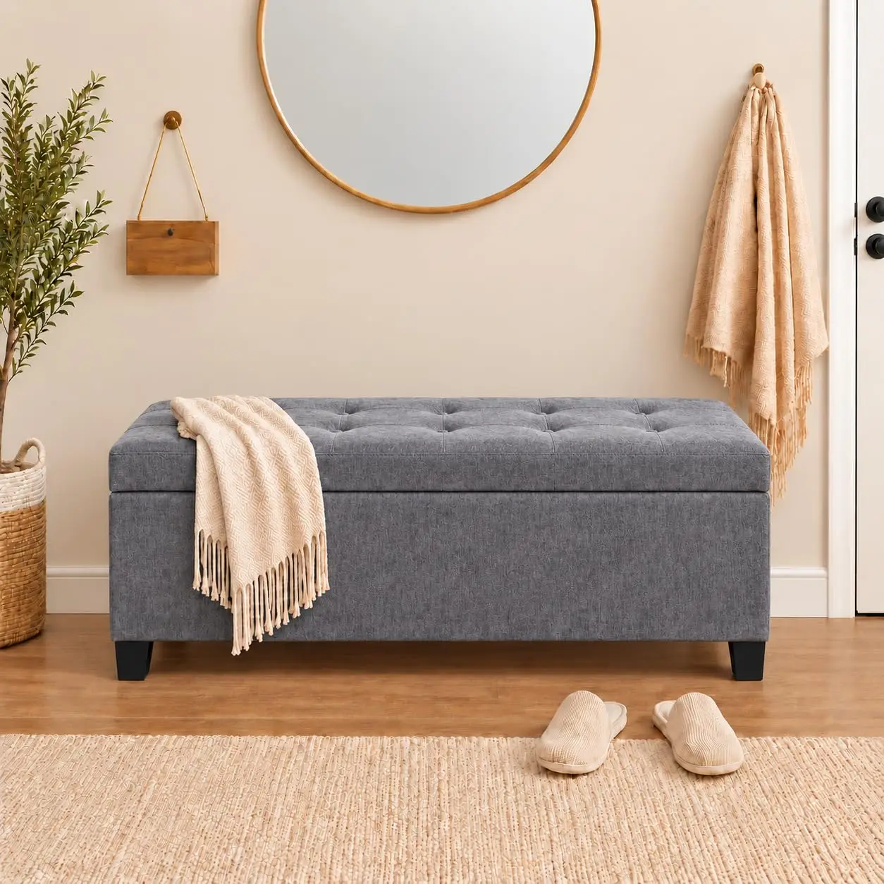 Tufted Upholstered Rectangular Storage Ottoman Bench With Safety Hinges, End Of Bed Entryway Window Seat, 42