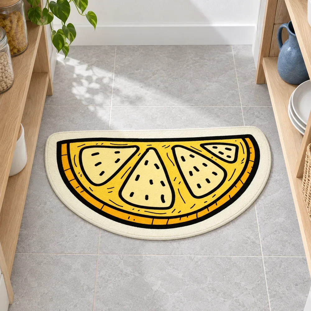 Vintage Lemon Slice Shaped Floor Mat, Hand Drawn Fruit Irregular Area Rug for Kitchen, Bedroom, Living Room and Home Decor
