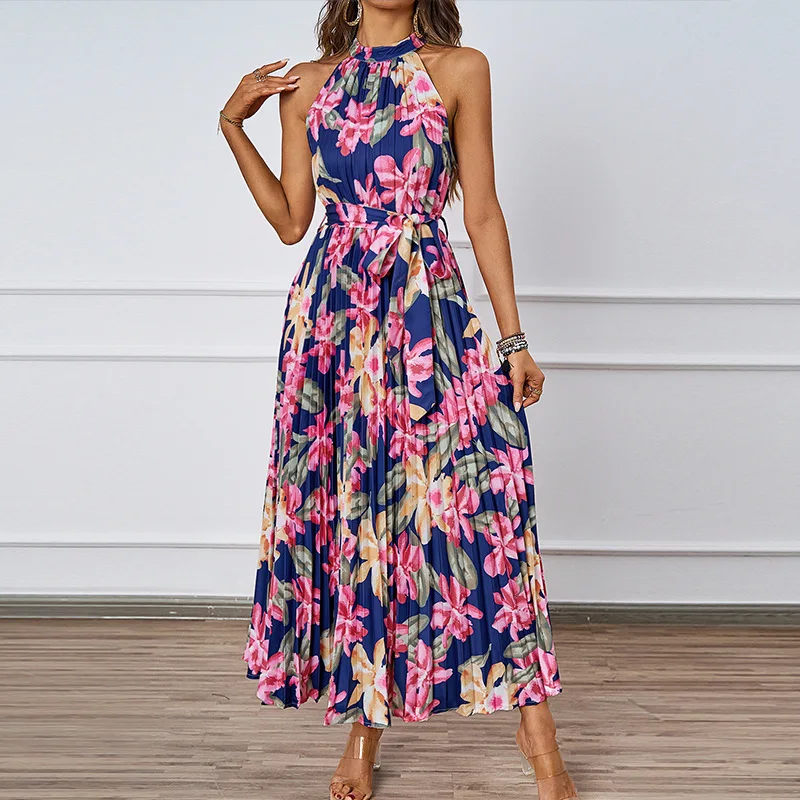 

2025 Summer New European and American Temperament Elegant Halterneck Waist Large Swing Printed Dress for Women