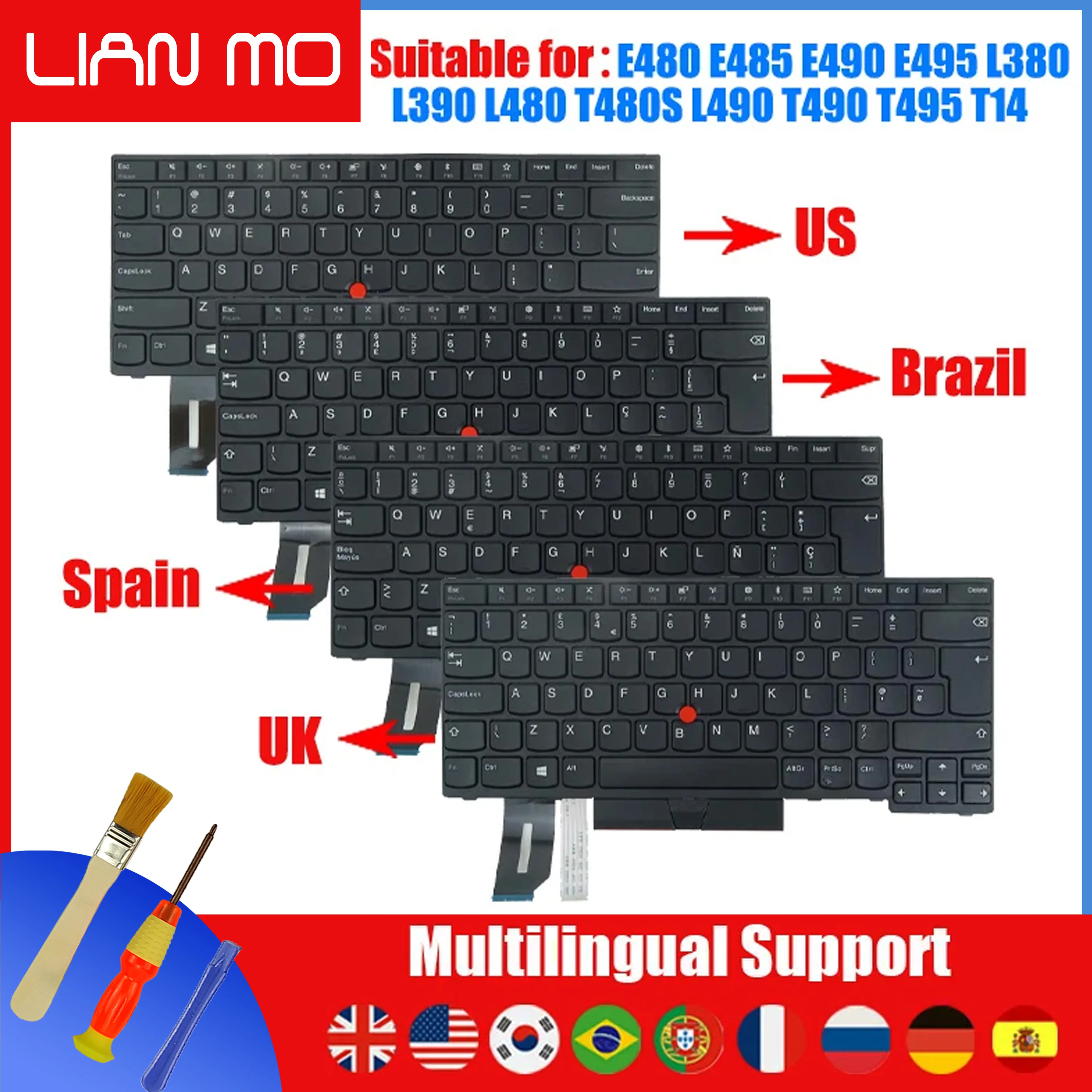 Teclado US UK SP BR FR DE PT RU KR para Lenovo Thinkpad E490 E495 T490 T495 T480S E480 E485 L380 L480 L390 L480 R480 S2 3ª generación