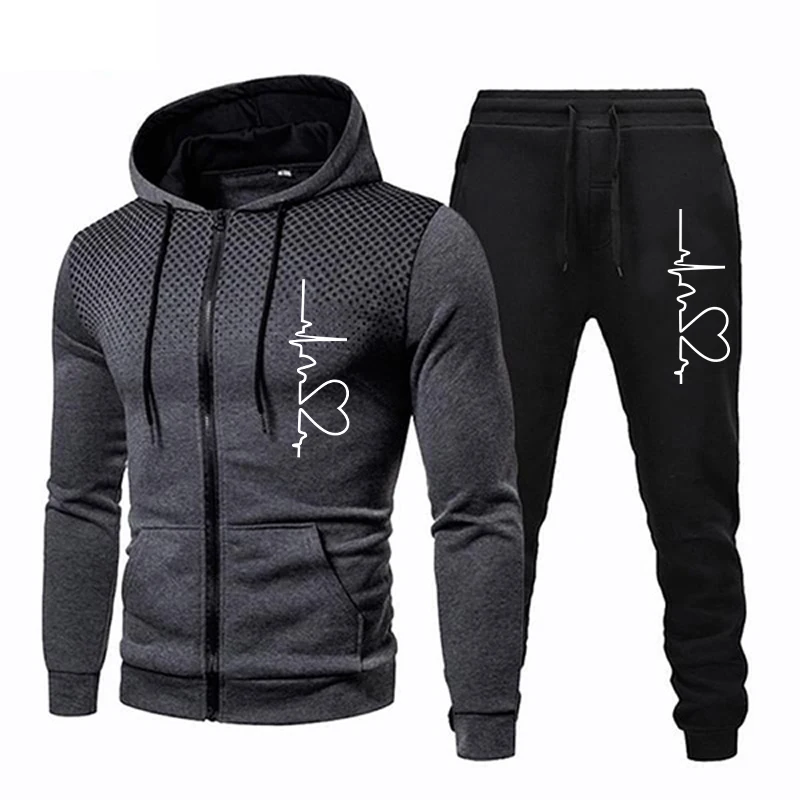 Men\'s Clothing Heart Print RoundDot Zipper Jacket+Sweatpants Set  AutumnWinter Popular Tracksuits Sports Jogging Sweatshirt Suit