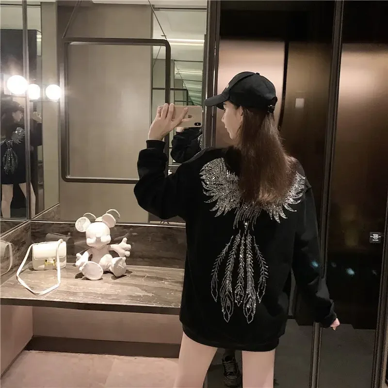 Female Streetwear Sweatshirt Grunge Plain Gothic Emo Graphic Tops Rhinestone Hippie Y2k Clothes for Women Black Pullover Autumn