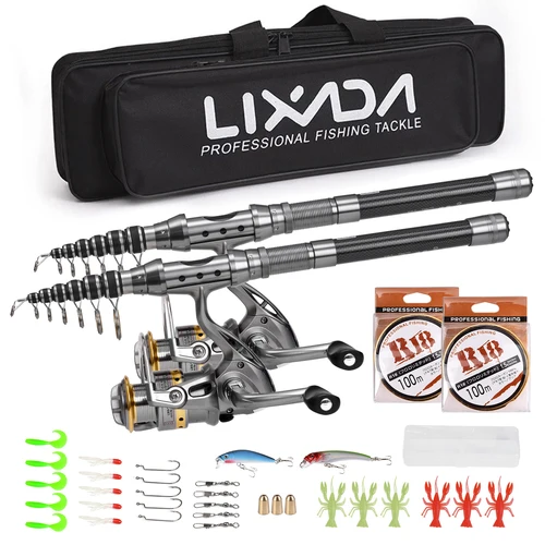 Juego combinado de caña de pescar de 1,5/1,8/2,1/2,4 m, 2 uds., caña y carrete, caña de pescar telescópica, carretes giratorios de fibra de carbono, accesorios de pesca