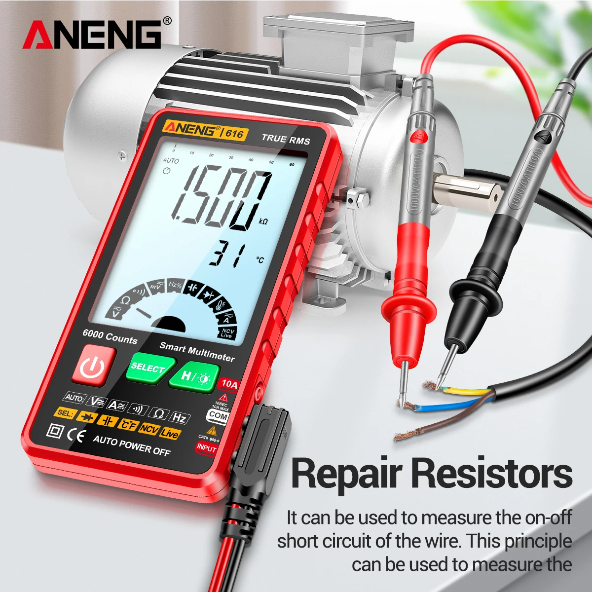 ANENG 616 Auto Range Multimeter 6000 Counts True RMS Large Backlight Screen NCV Voltage Current Resistance Temp Tester