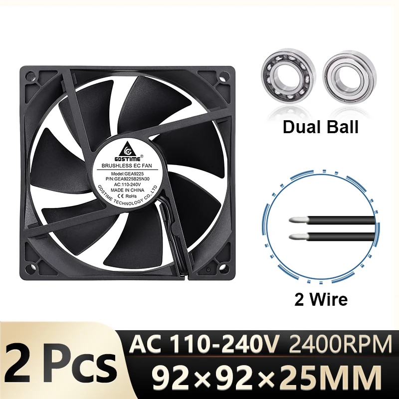 

2 Pcs Gdstime 92mm*92mm*25mm AC 110V 115V 120V 220V 240V Fan EC Brushless 9225 Dual Ball Fan for Chassis Appliances Cooling Fan