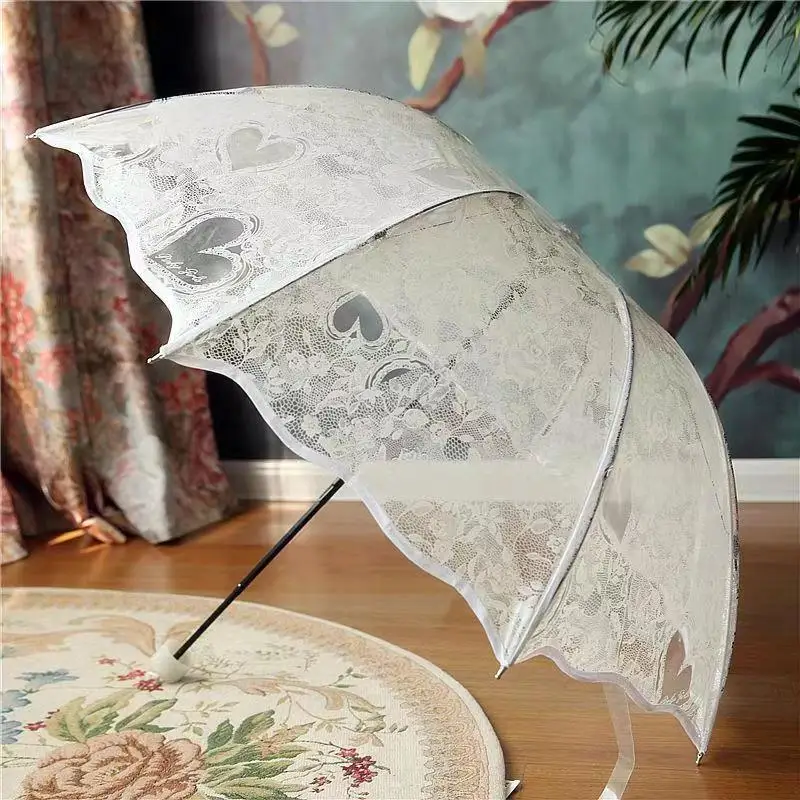 Three Fold Transparent Princess Women Rain Umbrella Romantic Lace Heart Print Thicken PVC Clear Umbrellas Lovers Girls Gifts