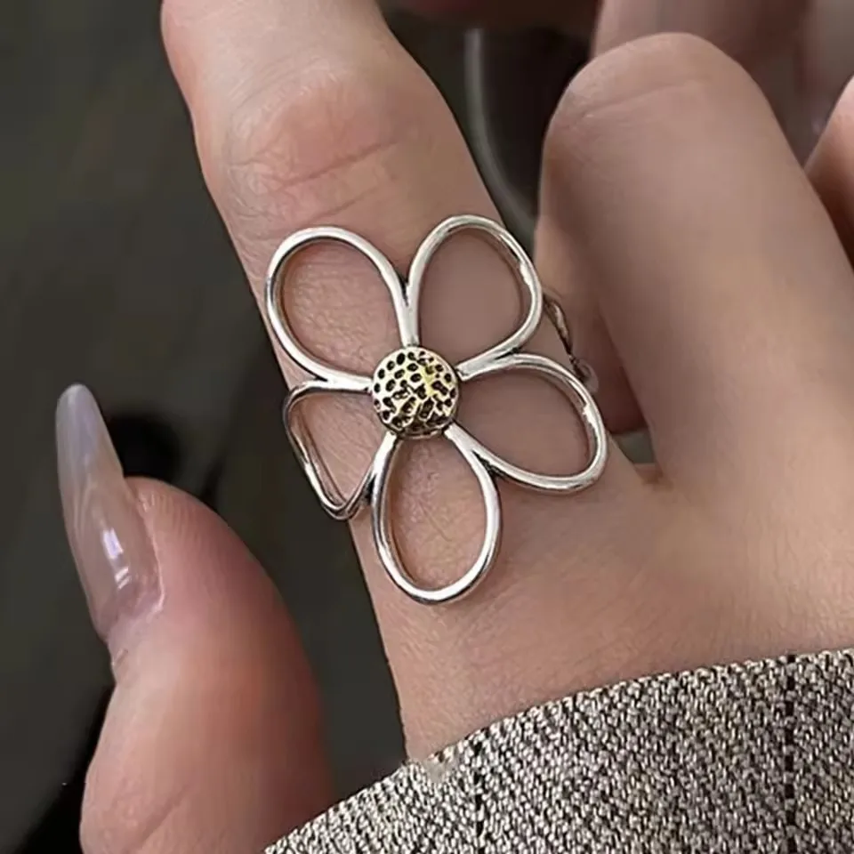 925 Sterling Zilver Open Vinger Ring Goud Kleur Elegante Bloemknop Asymmetrische Zoete Voor Vrouwen Sieraden Gift Dropship Groothandel
