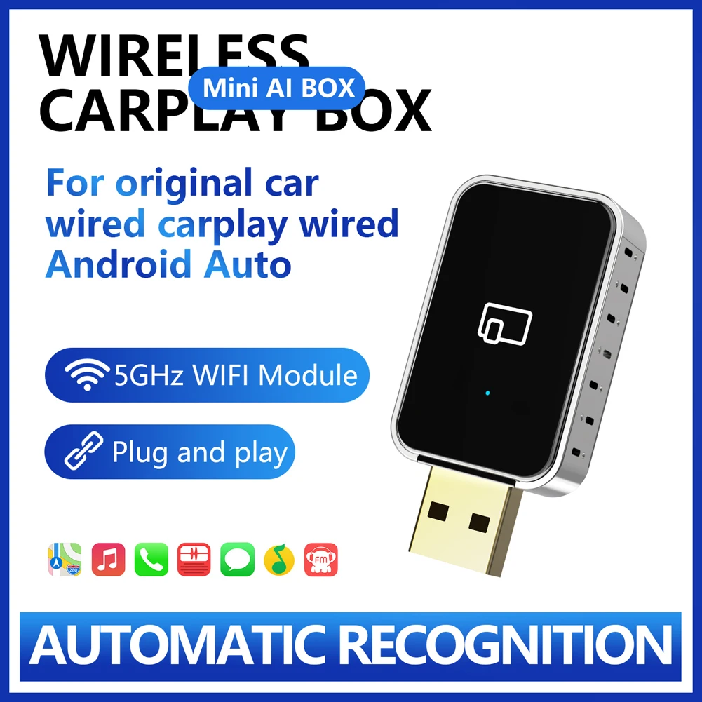 2 In 1 Wireless CarPlay Android Auto AI Box Carplay Dongle BT WiFi Plug and Play Voice Assistant for Wired CarPlay Android Cars