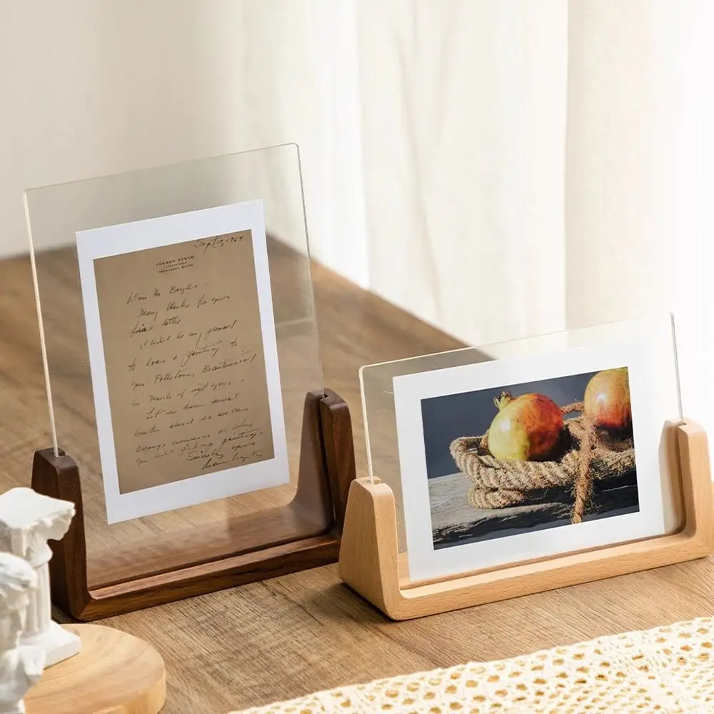 Nuevo marco de fotos creativo de nogal/haya, marco transparente acrílico en forma de U, marco de fotos de boda de madera para escritorio, decoración de oficina