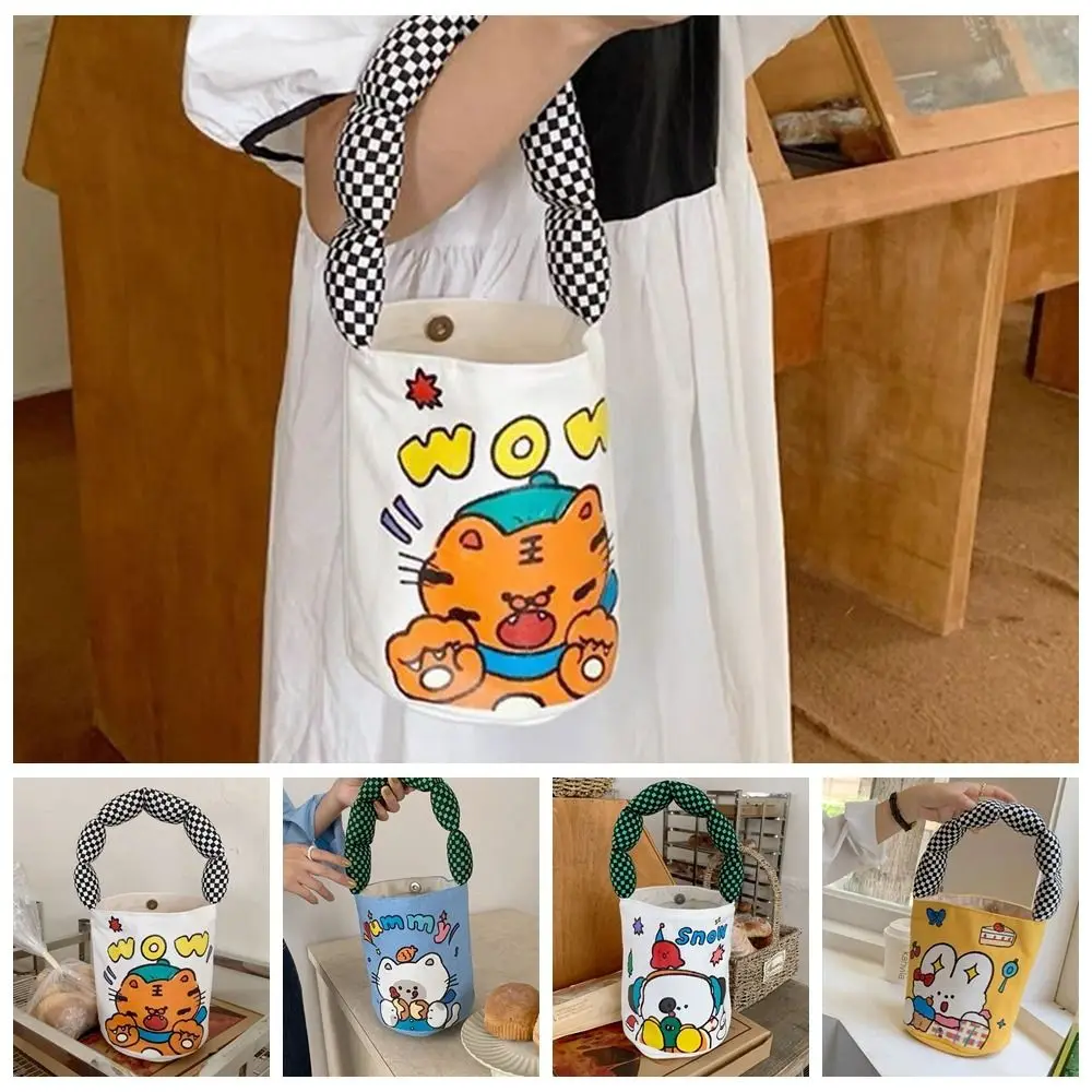 Grande capacidade Cartoon Canvas Bucket Bag, estilo coreano tigre lancheira, portátil, coelho