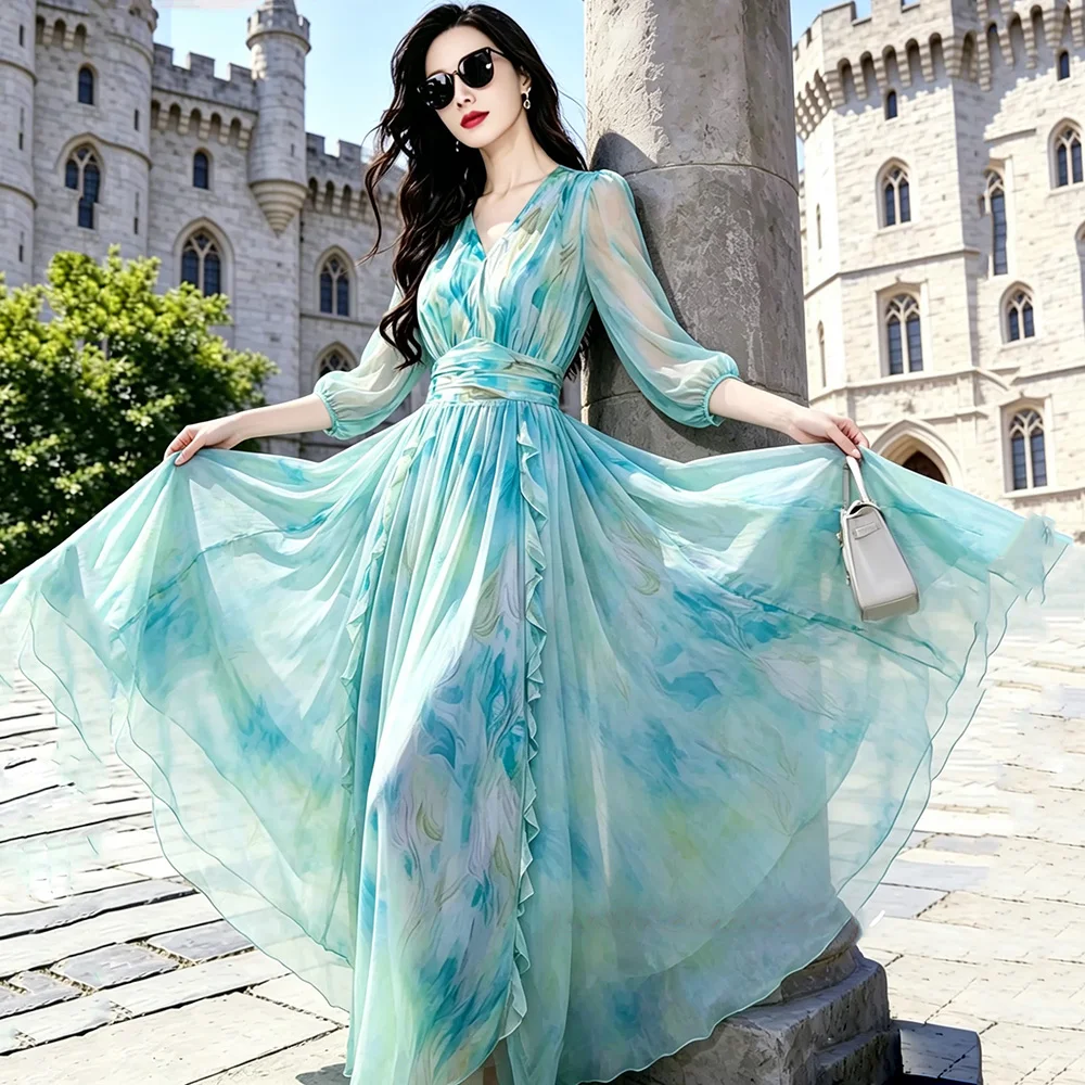 New Women Romantic Floral Long Dress Summer Fashion V-Neck High Waist Slim Print Dress Elegant Flowing Holiday A-Line Dress