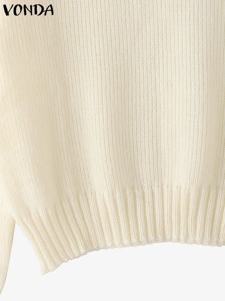 VONDA Knitted Pullovers Sweaters Women Fashion Jumpers 2025 Autumn Long Sleeve O-Neck Skew Collar White Tops Casual Knitwear