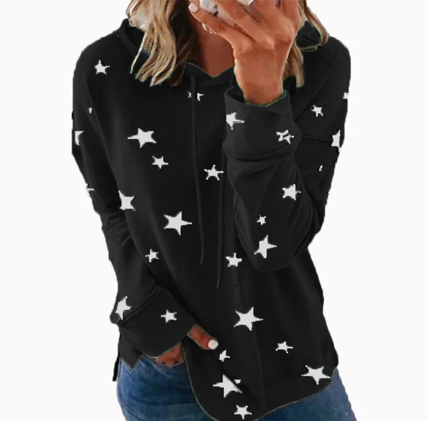 Amazoncross-border European and American clothing tops autumn and winter new star printed loose hooded sweatshirt for wome