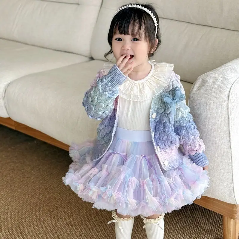 Autumn Winter Elegance Princess Clothing Purple Cardigan Sweater+Puffy Short Tutu skirt 2Pcs Girls Sets Childrents Kid Party Clo