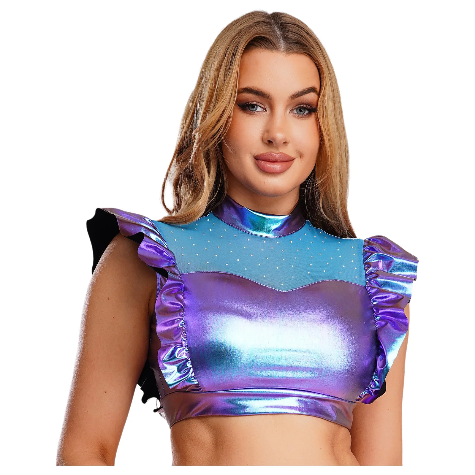 Top corto metálico brillante con volantes y diamantes de imitación para mujer, camiseta sin mangas con cuello simulado y malla transparente en la parte delantera, ropa para discoteca Rave