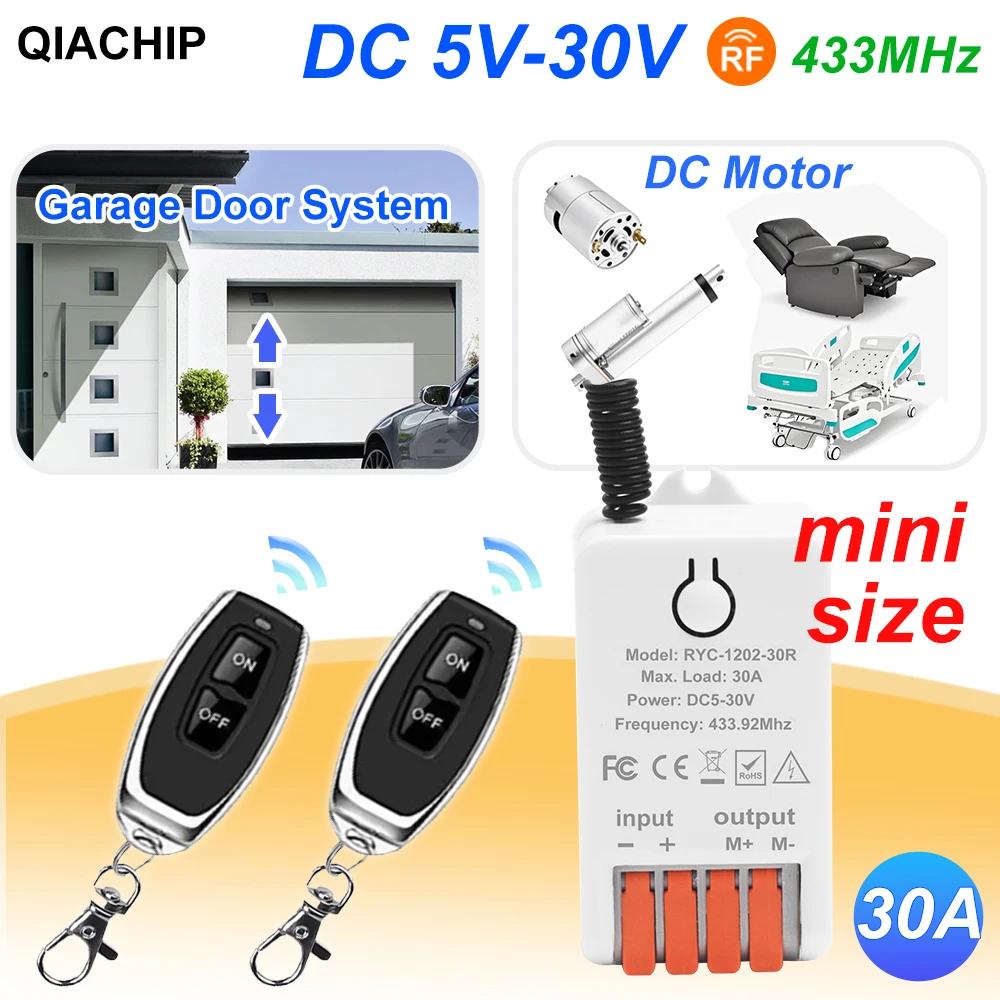QIACHIP 433MHz Wireless Remote Control Switch 30A DC 5V 12V 24V 30V RF Relay Receiver Suitable for Motor Water Pump Light Switch