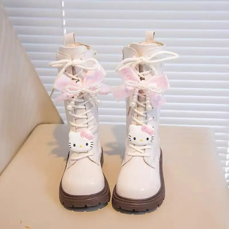 

Kawaii аниме Sanrio, модная детская обувь с героями мультфильмов, длинные кожаные ботинки Kuromi для девочек, зимняя детская повседневная хлопковая обувь на мягкой подошве