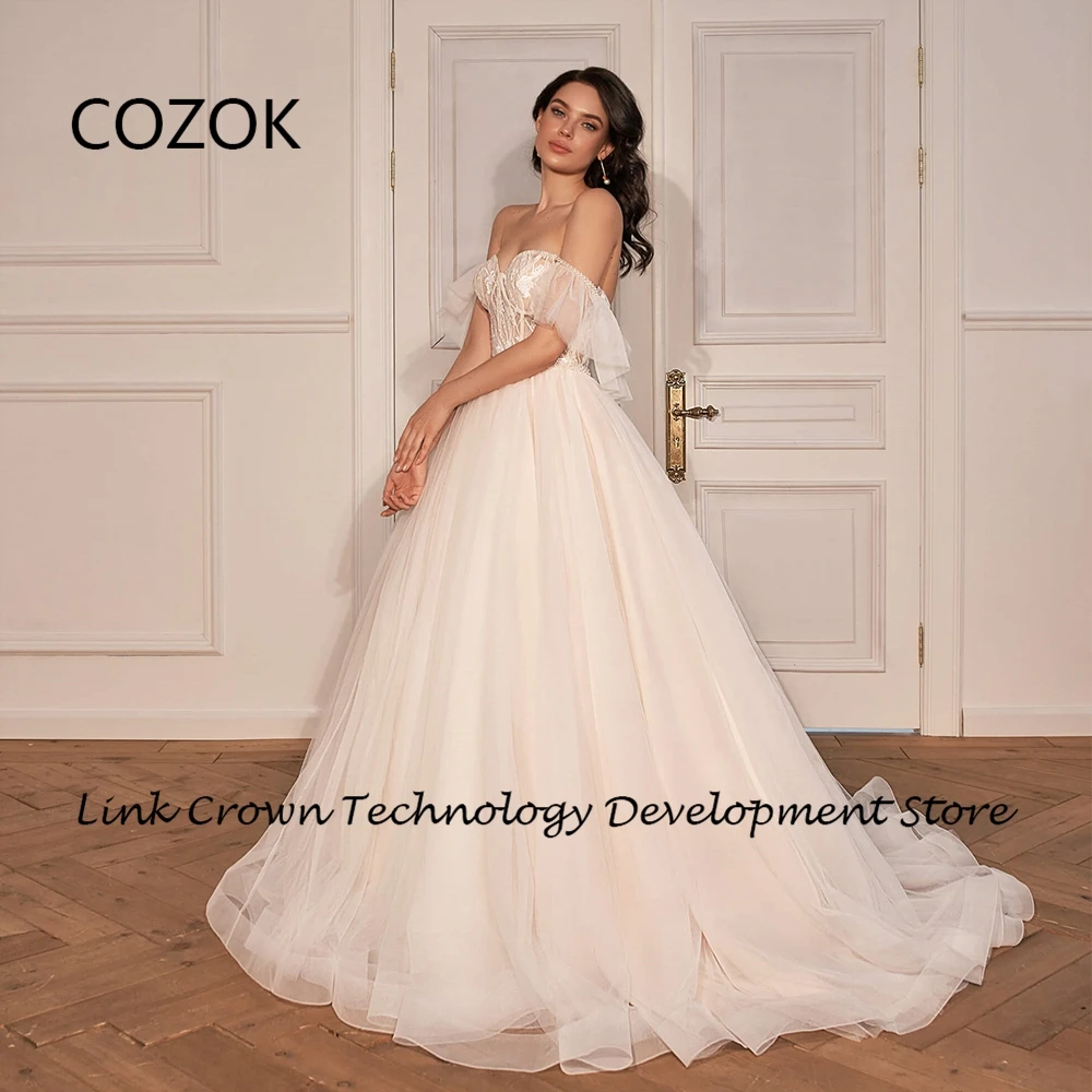 COZOK Sweetheart Off Shoulder Bridal Gowns with Lace 2024 A Line Court Train Wedding Dresses for Princess Summer Vestidos De