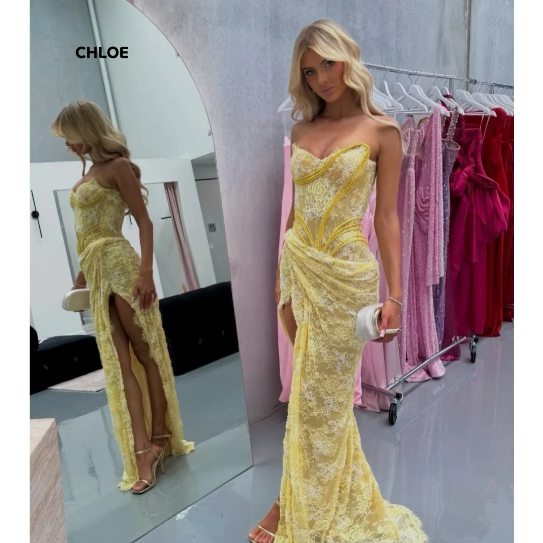 

Customized Luxury Elegant Party Dresses for Wedding Woman Mermaid Yellow Off the Shoulders Side Slit Luxurious Evening Dresses