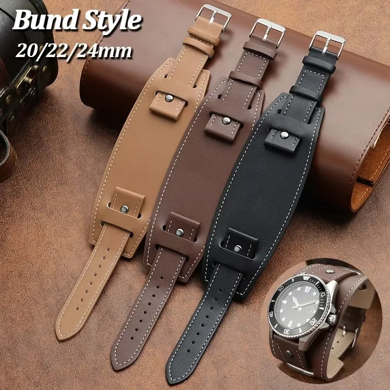 Vintage Bund Style Leather Watch Strap 20/22/24mm Soft Comfortable Cowhide Watchband for Omega for Seiko Replacement Bracelet