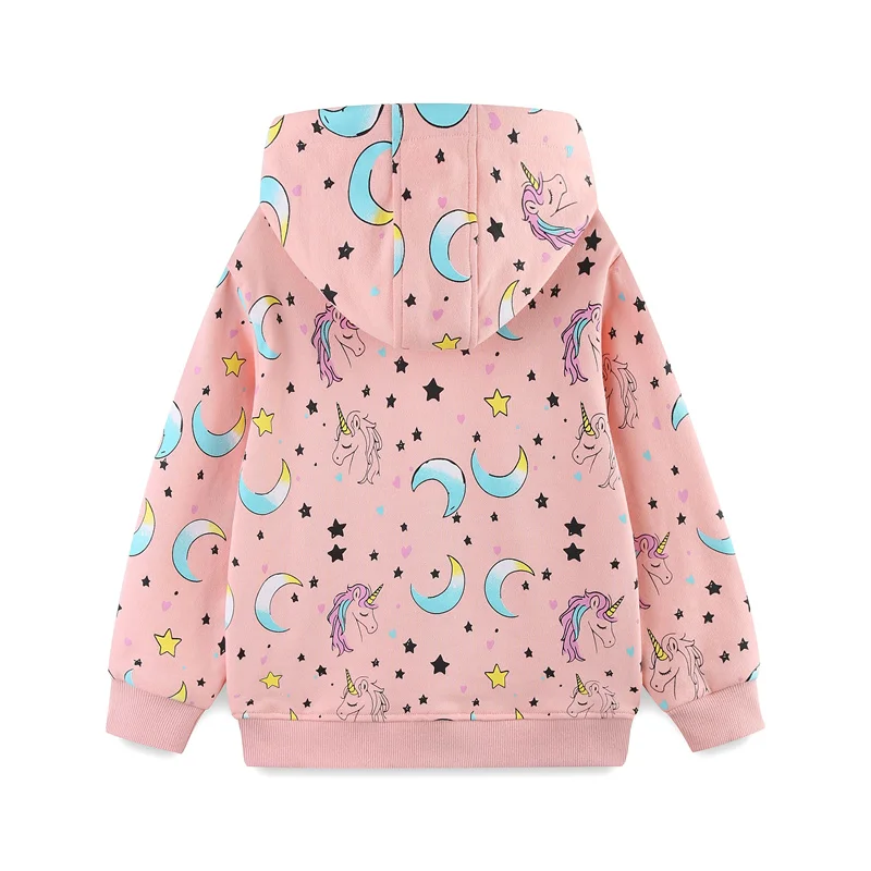 Kurtki dziecięce z kapturem i zamkiem błyskawicznym, popularne wiosenne ubrania dla dziewczynek: skaczące metry, księżyc, jednorożec, jesienne okrycia wierzchnie.