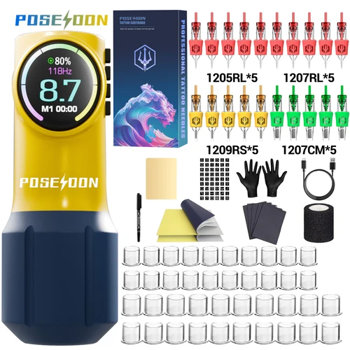 Kit de tatuaje POSEIDON, nuevo Kit de pluma de tatuaje amarillo para maquillaje permanente, Kit de máquina de tatuaje, fuente de alimentación inalámbrica para tatuaje, pistola de tatuaje Ki
