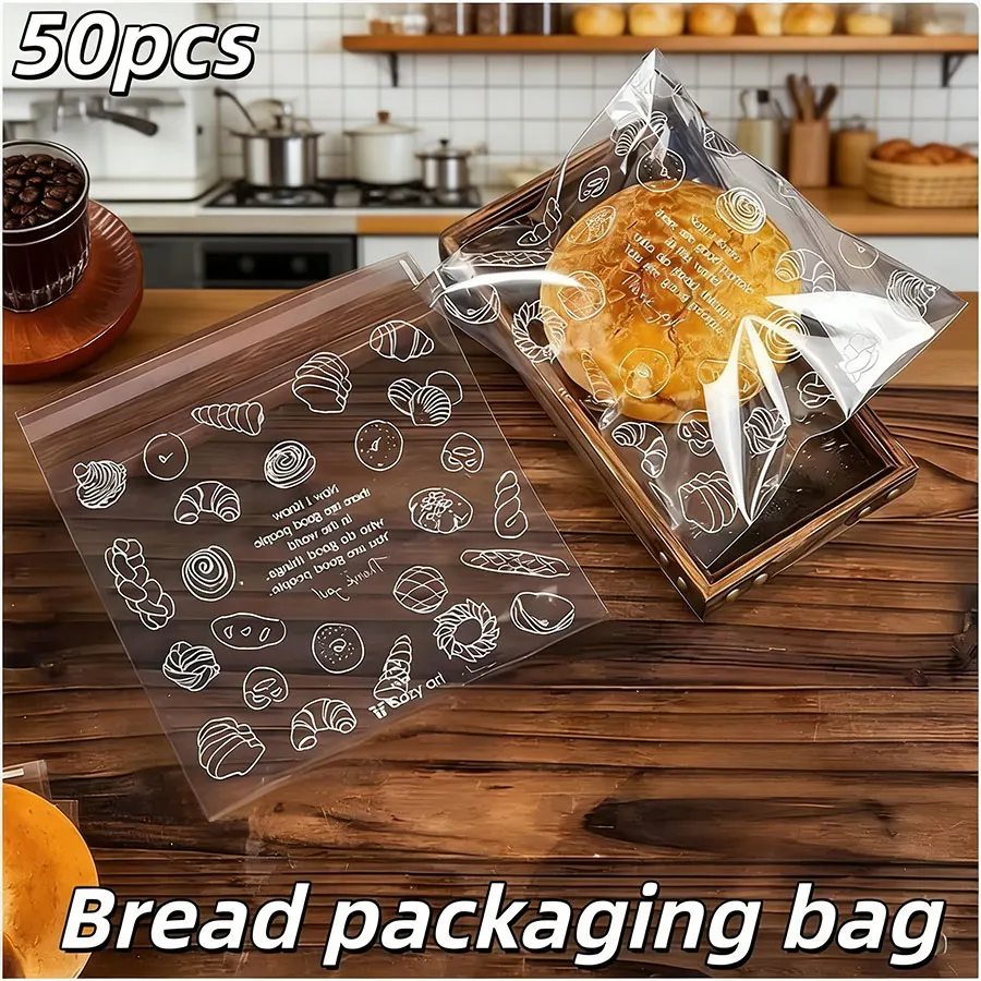 50PCS Clear Self-Sealing Bread Bags – Plastic Bakery Packaging for Pastries, Cookies & Bread