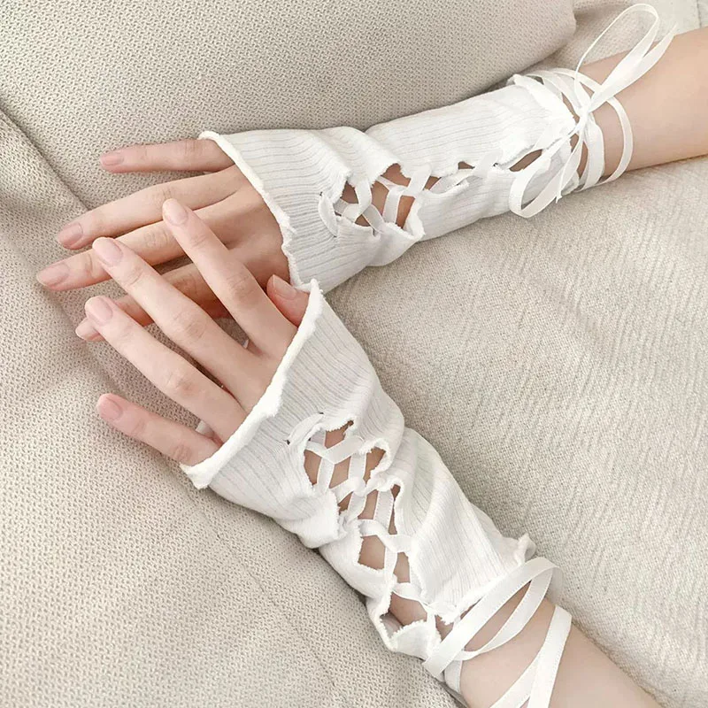

New Y2K Lolita Style DIY Gloves Summer Sweet Girl Lace Up Ruffles Arm Sleeve JK Gothic Fingerless Gloves Women Accessories
