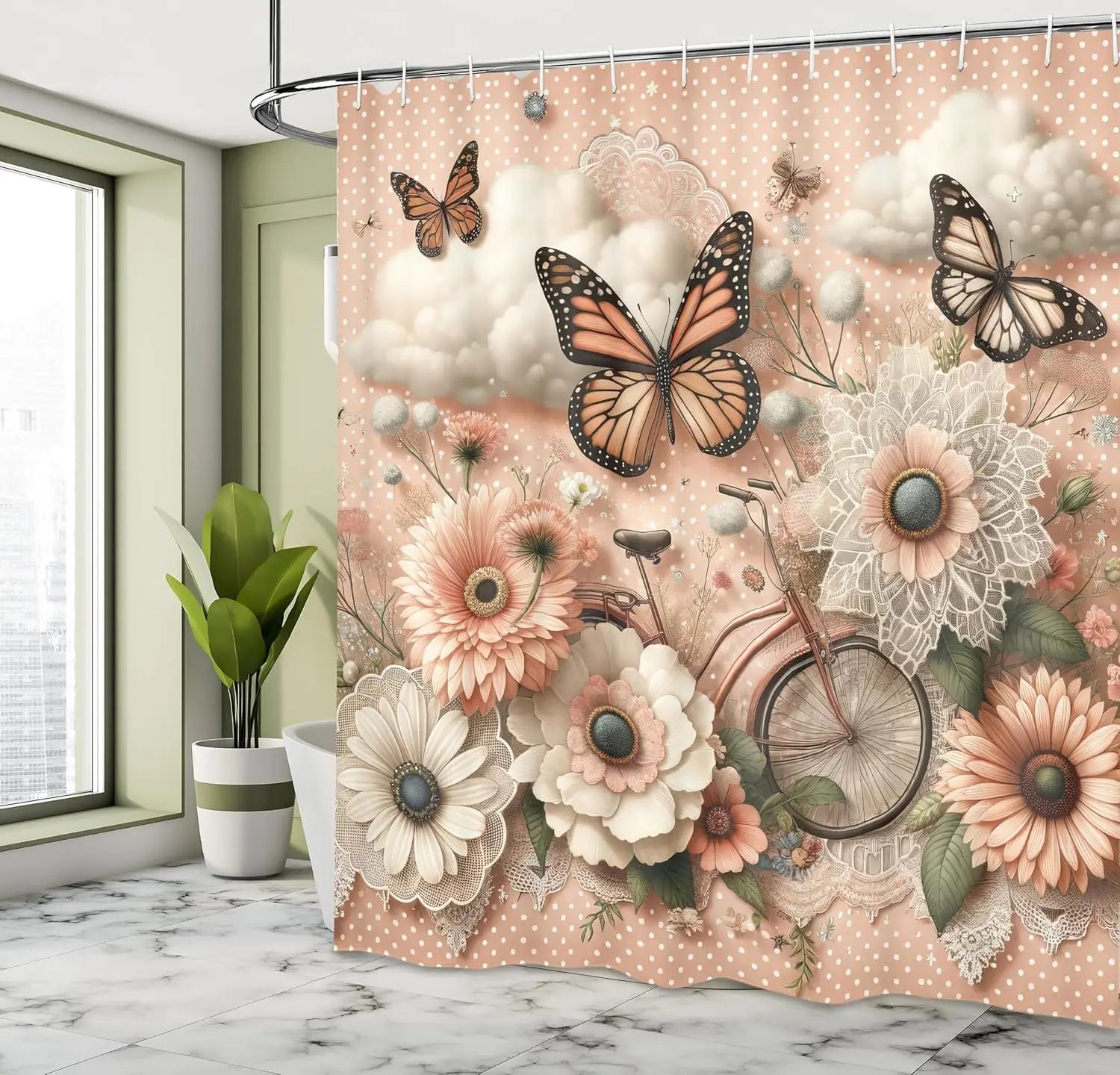 

Занавеска для душа с цветочным эвкалиптом, романтический сад с нежными облаками, бабочками, цветами и велосипедом, тканевая банная ткань