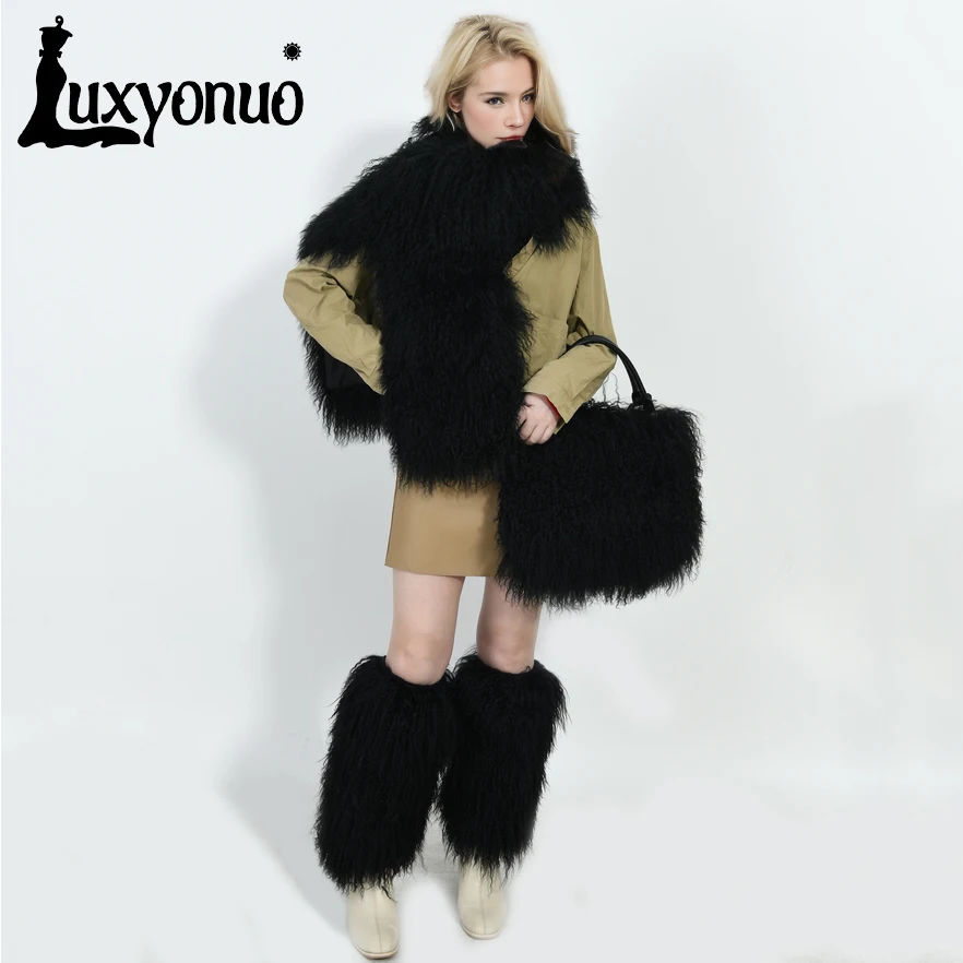 

Luxyonuo Real Fur Leg Warmers Y2K Punk Winter Warm Mongolian Sheep Fur Leggings Boots Cover Girl Lolita Harajuku Party Leg Socks