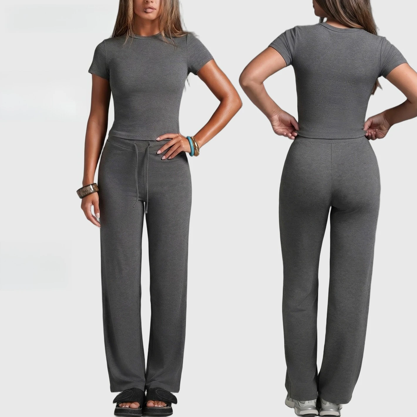 Yoga Tracksuit Short Sleeve Straight Long Pants Nude Skin For Female Outdoor Workout Lightweight Casual Sports Two Piece Suit