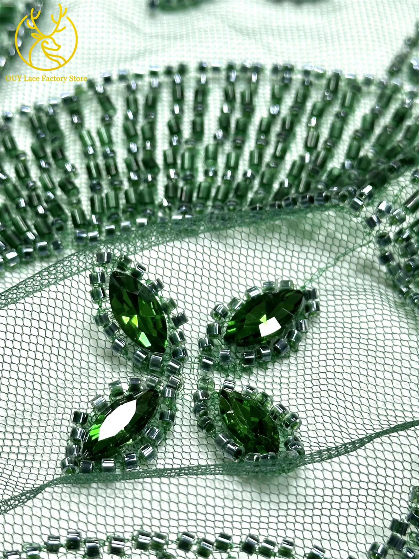 Smaragdgrüner Luxus Dubai Diamant-Perlen Tüll-Spitzenstoff Hochwertiger Afrikanischer Stein-Pailletten-Spitzenstoff für Abendkleider – Detail 10