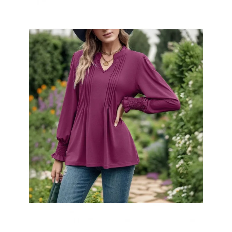

Women's Elegant -Neck-Shirt with Puff Sleeves & -Gather Neckline - Blouse - Wear, Hand Washable Solid Color Top