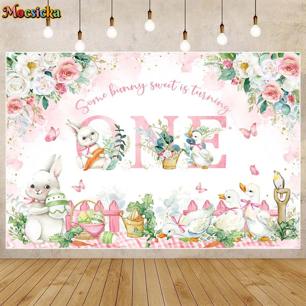 

Mocsicka Easter Bunny Kid Birthday Backdrop Rabbit Duck Pink Flowers Girl 1st Birthday Party Decor Photo Background Studio Props