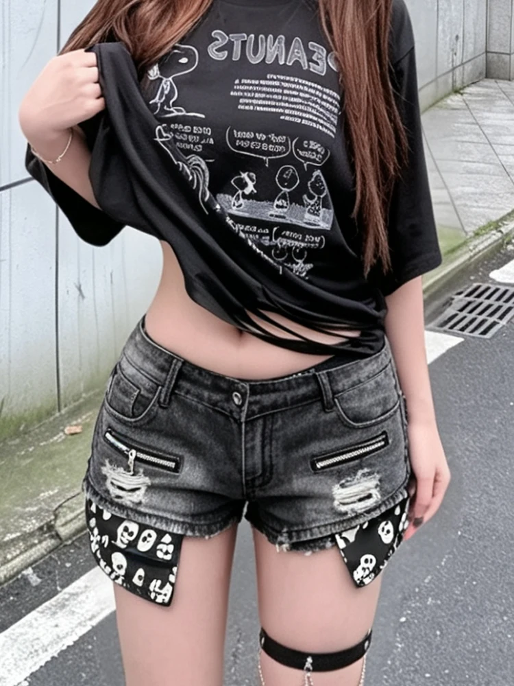 

Dark Punk Low Waist Denim Super Short Pants Women Summer Skeleton Zipper Ripped Tight Butt Hugging Hot Pants Trendy Jeans