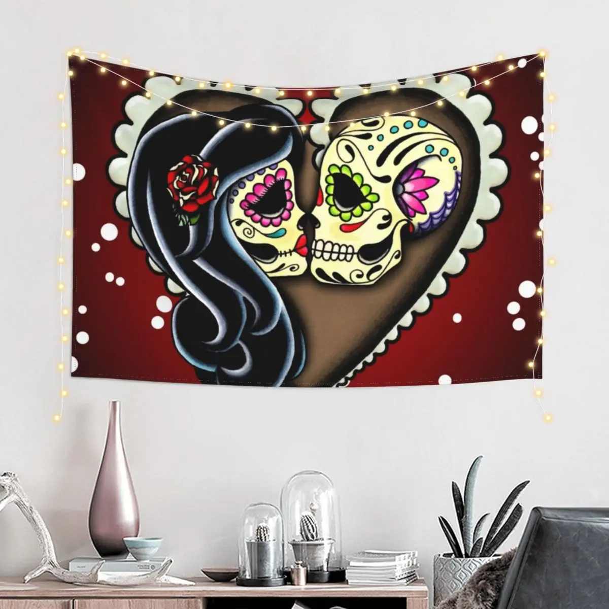 Ashes - Day of the Dead Couple - Sugar Skull Lovers Tapestry Bedrooms Decorations Hanging Wall Tapestry