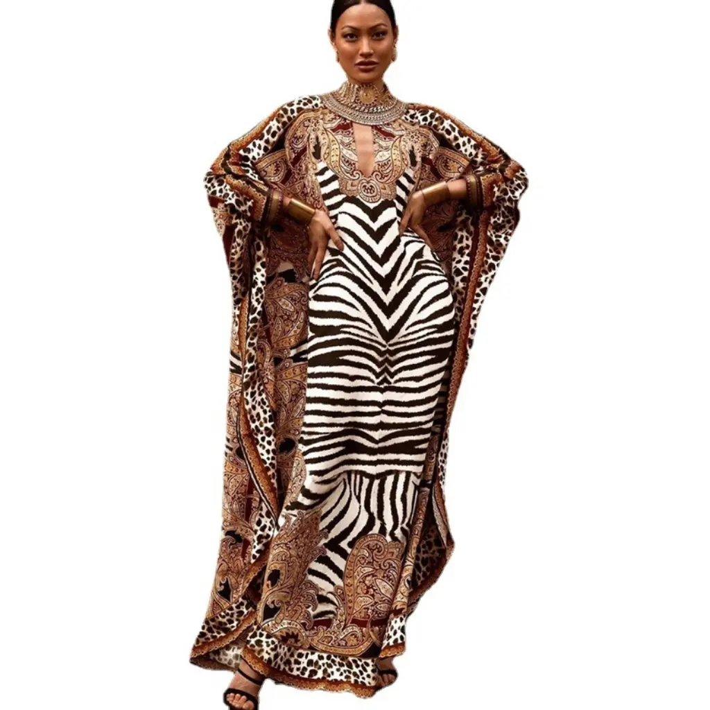 ชุดเดรสพิมพ์ลายสไตล์ยุโรปและอเมริกาสำหรับผู้หญิง ทรงหลวม สไตล์มุสลิม ไซส์ใหญ่ ดีไซน์ตะวันออกกลาง ขายดี