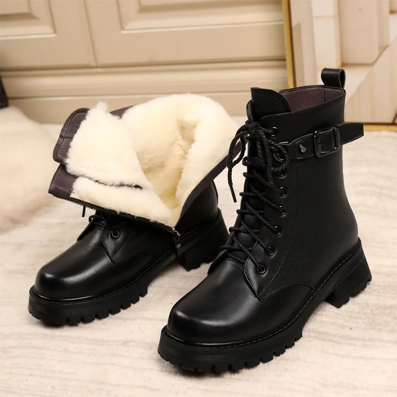 DRKANOL Winter Snow Boots Women Genuine Leather Natural Wool Square Heel Mid Calf Boots Non-slip Rubber Sole Shearling Boots