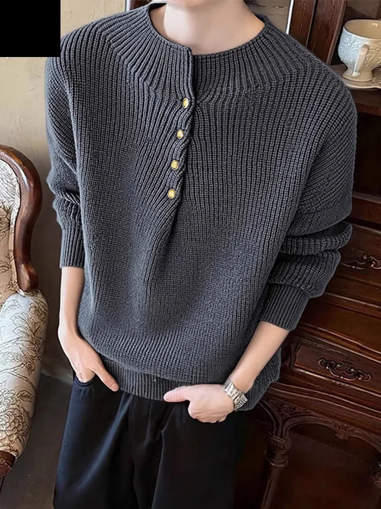 

ay Metal Button Knitted Sweater Men's Loose Sle Autumn Winter Casual Faion Comfortable Soft Polyester Long Sve Crew ...