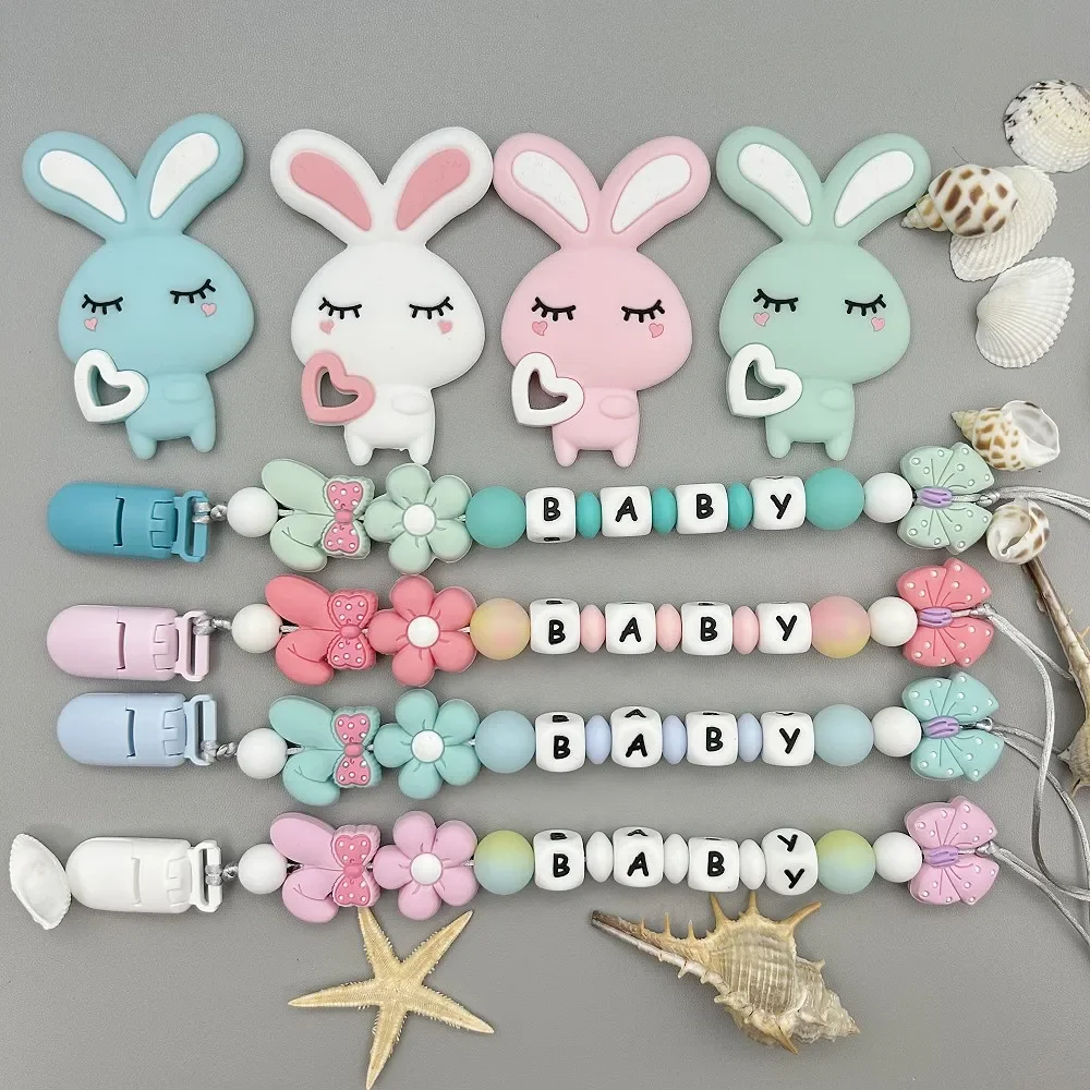 

Baby Kawaii Toy Gifts Customized Letters Name Baby Rabbit Silicone Luminous Beads Pendant Pacifier Clips Chains Holder Teether