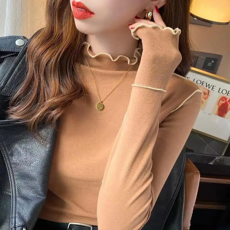 Spring Autumn Newwomen Half High Collar Simplefashion Versatile Bottom Shirt Soft Comfort Koreanversion Interior Long Sleevetops