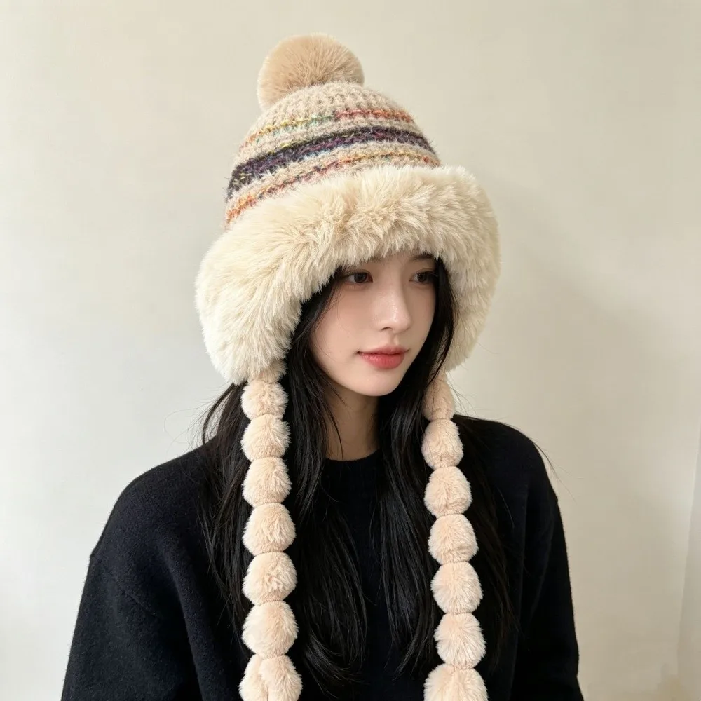 Fashion Soft Colored Beans Beanie Cap Fleece Lined Warm Stretchy Knitted Hat with Straps Windproof Ear Protection Hat Outdoor