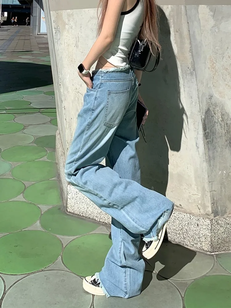 ZHISILAO Light Blue High Waist Straight Jeans Women Vintage Classic Boyfriend Y2k Full Length Denim Pants Longer Jeans