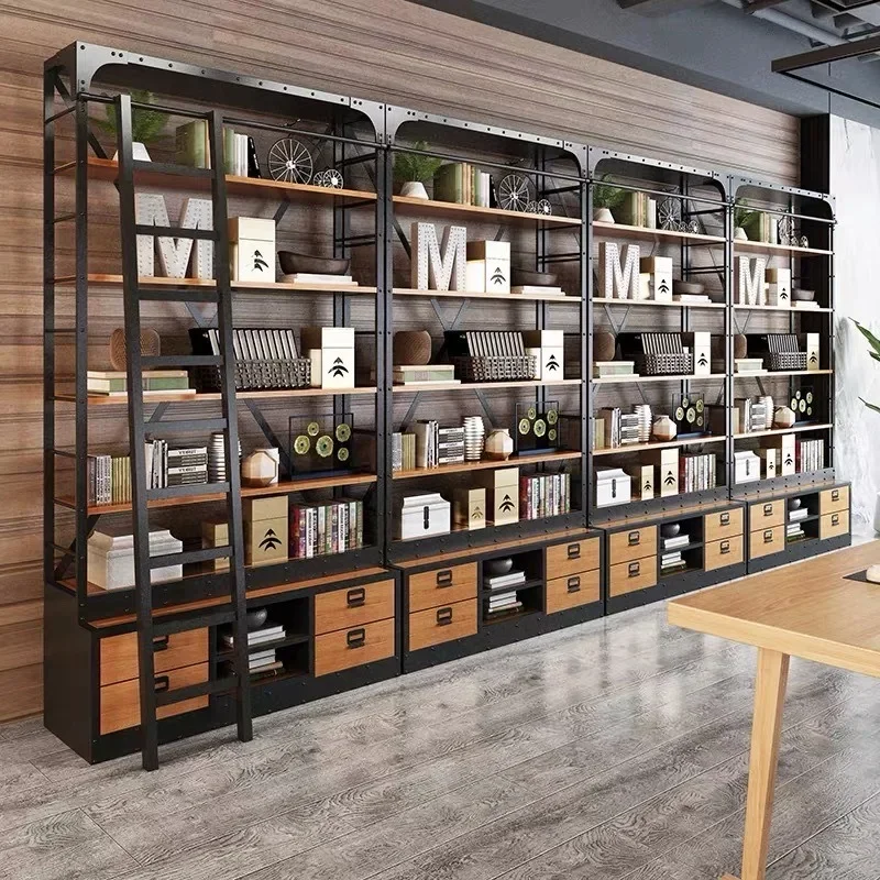 American solid wood floor rack industrial style office file locker retro log bookshelf display bookcase