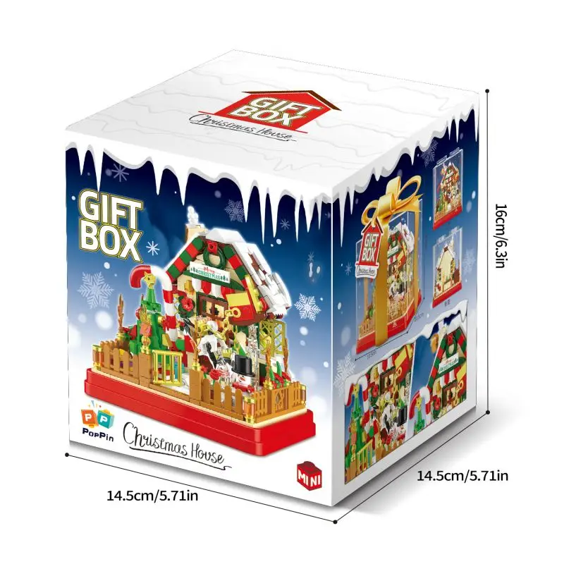 654ชิ้นบ้านคริสต์มาสของขวัญบล็อกตัวต่อชุดกล่องสร้างสรรค์เมืองถนนประกอบแบบอิฐเด็ก DIY ของเล่นของขวัญวันหยุด