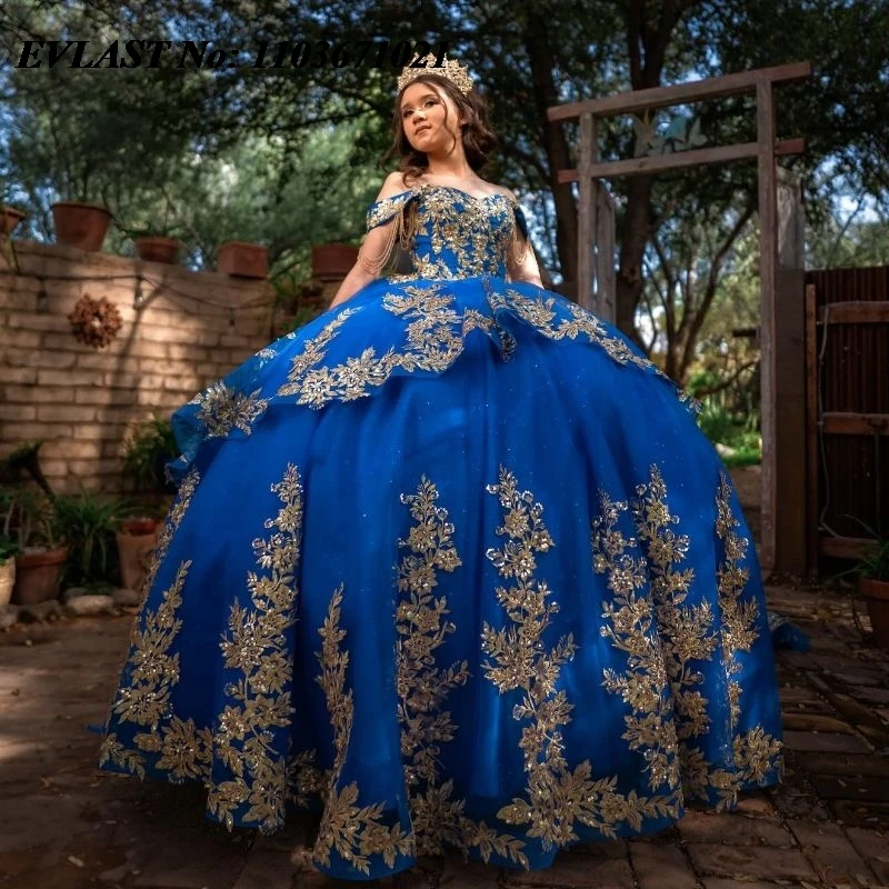 EVLAST-Robe de RhQuinceanera bleu royal personnalisée, appliques en dentelle dorée, perles à plusieurs niveaux, Sweet 16, robe éducative, 15 Anos, SQ94