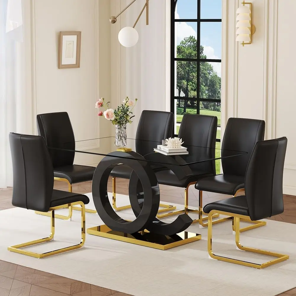 

63 Glass Dining Table with 6 Chairs, Tempered Glass Top, Black & Gold Legs, Modern Kitchen Table Set