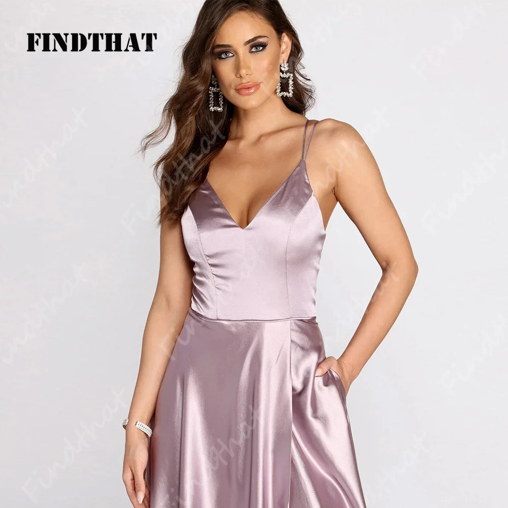 Findisso-Elegante V-Neck cetim Vestidos, A-Line Spaghetti-Correias, Sexy Side Slit, Bridesmaid Prom Gowns, Party, 2024