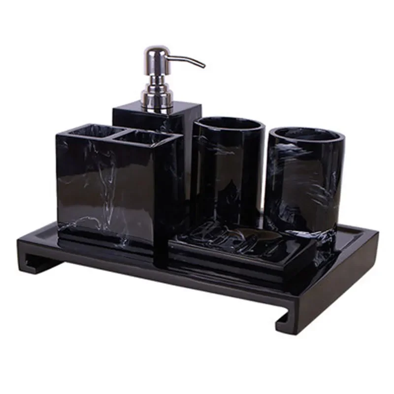 

Black Marble Pattern Tray Resin Bathroom Set Toothbrush Holder Soap Dispenser Dish Men's Accessories Home Deco